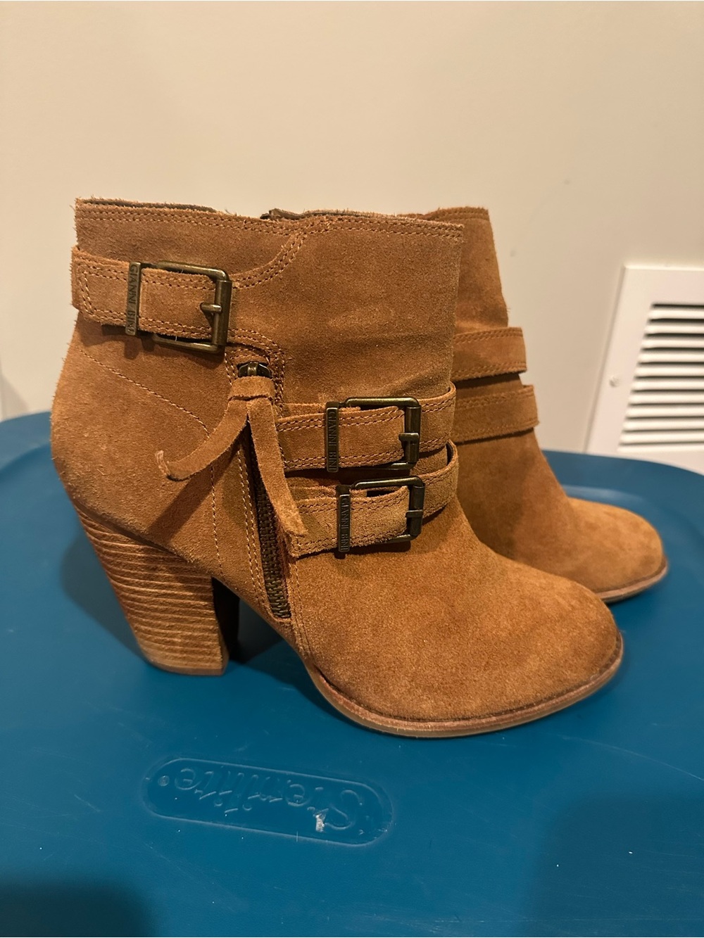 Gianni Bini Camel Suede Buckle Ankle Boots
